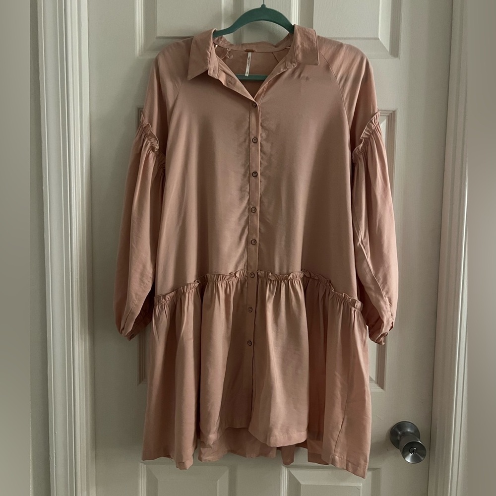 Free People Peach/pink Button Down Babydoll Mini Dress. Oversized. Size S. EUC!